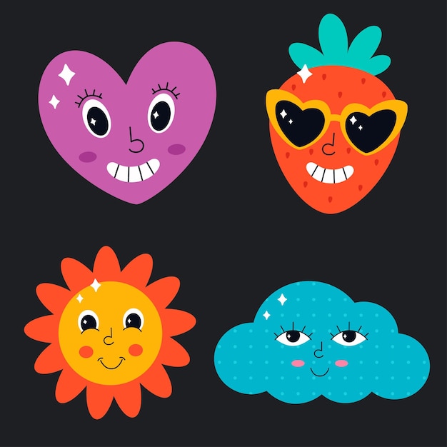 Cute characters in psychedelic style hippie vintage retro 90s style