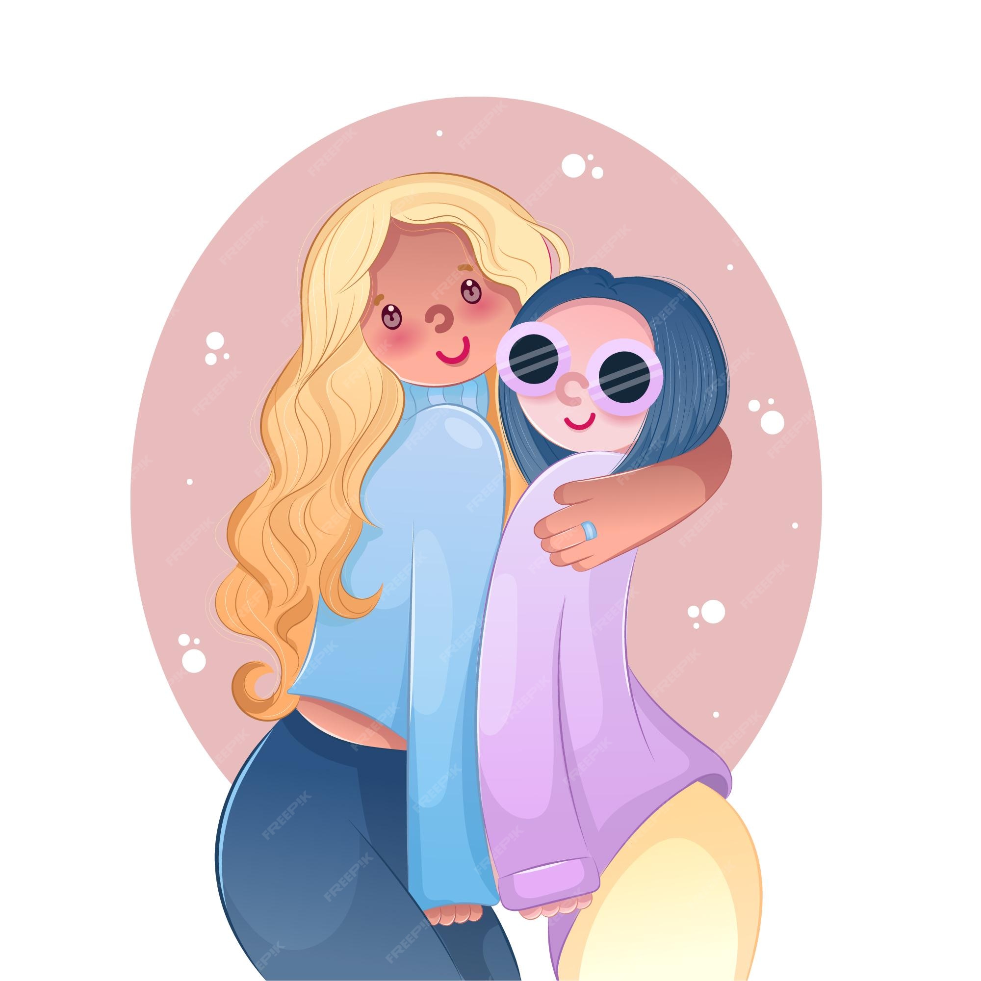 Premium Vector | Cute characters of two happy girls best friends hugging