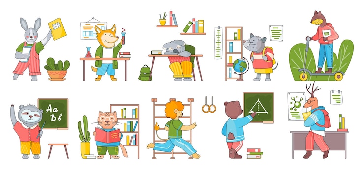 Vector cute chartoon animals portraits studying at lessons chemistry lazy with shcool books near desk doing geometry at electric scooter physical education with sports equipment back to school