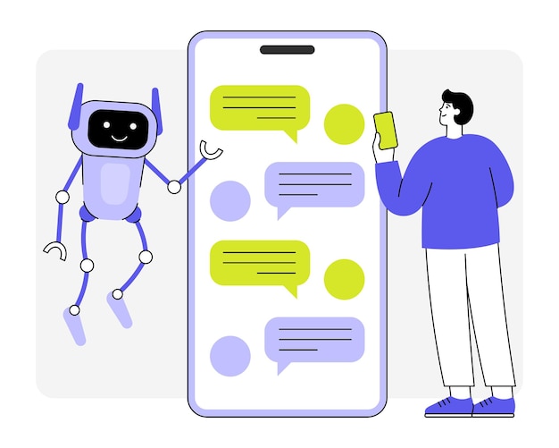チャットボットのキャラクターと人間のフラットベクトルイラスト 電話の仮想アシスタント AI ロボット