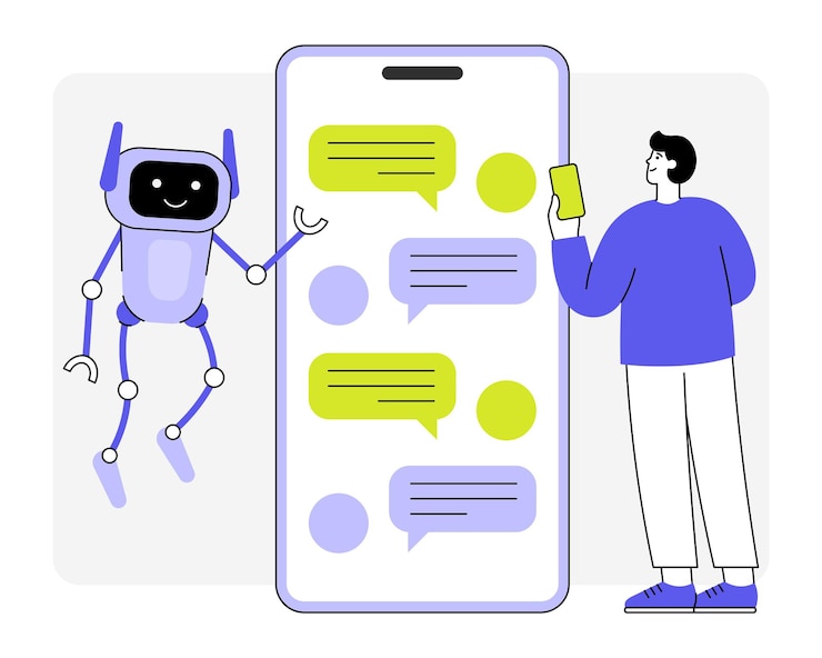Vector cute chatbot character and man flat vector illustration virtual assistant ai robot in phone