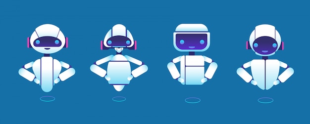Cute chatbots. Robot assistant, chatter bot, helper chatbot cartoon characters