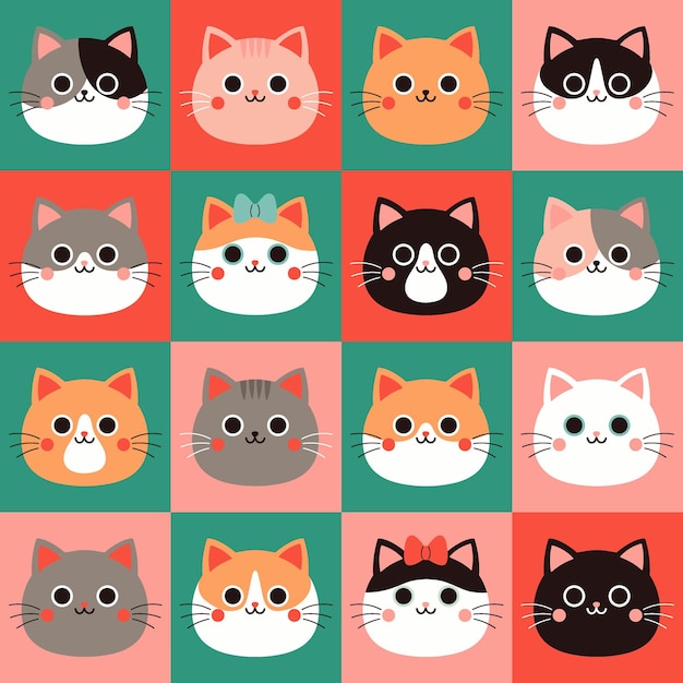 Vector cute checkered seamless pattern with cats faces vector graphics