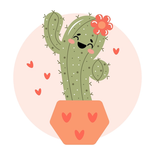 Vettore simpatico cactus allegro in un personaggio cartone animato in vaso illustrazione di cartoni animati per bambini