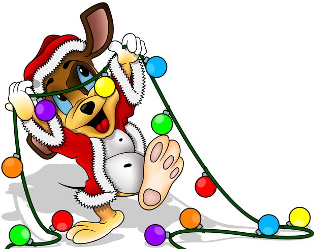 Cute Cheerful Doggy in Santa Claus Costume with Paws Up Holding Christmas Lights