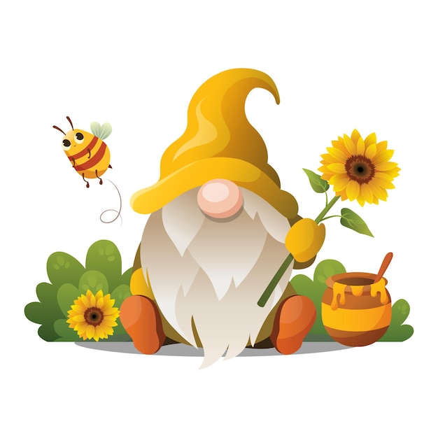 Cute cheerful gnome with sunflower