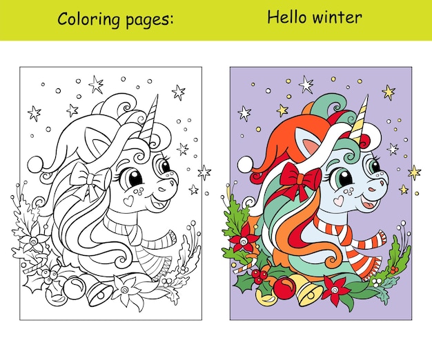 Симпатичная и веселая голова единорога с рождественским венком на звездном фоне. Страница раскраски с цветным шаблоном. Векторная карикатура.