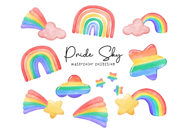 Cute cheerful pride month watercolor sky element in rainbow colors lgbtq rainbows stars cloud