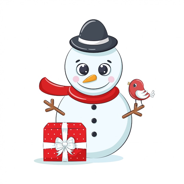 Vector cute cheerful snowmen with gift box and bird.