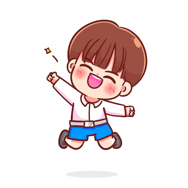 Vector cute cheerful student boy jumping cartoon character kid children school education hand draw art illustration