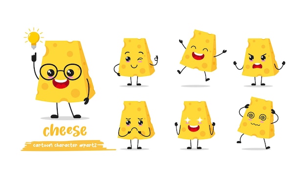 cute cheese cartoon with many expressions cheese different activity pose flat design