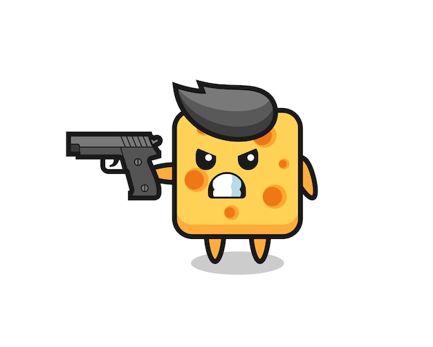 Il simpatico personaggio del formaggio spara con una pistola, un design in stile carino per maglietta, adesivo, elemento logo