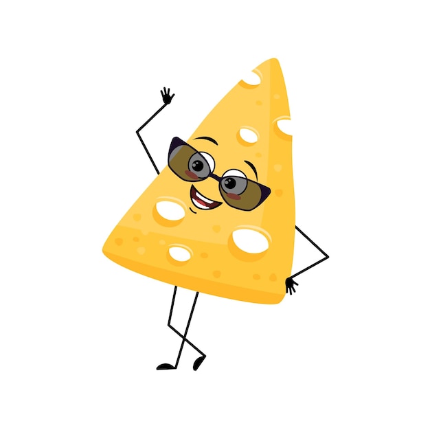 Cute cheese character with glasses and joyful emotions happy\
face smile eyes arms and legs fun dairy...