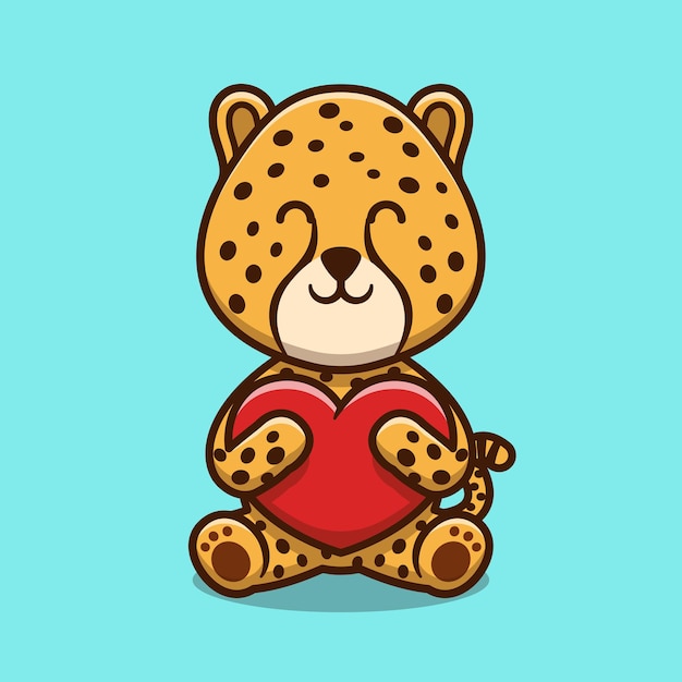 Cute cheetah hugging love heart cartoon icon illustration
