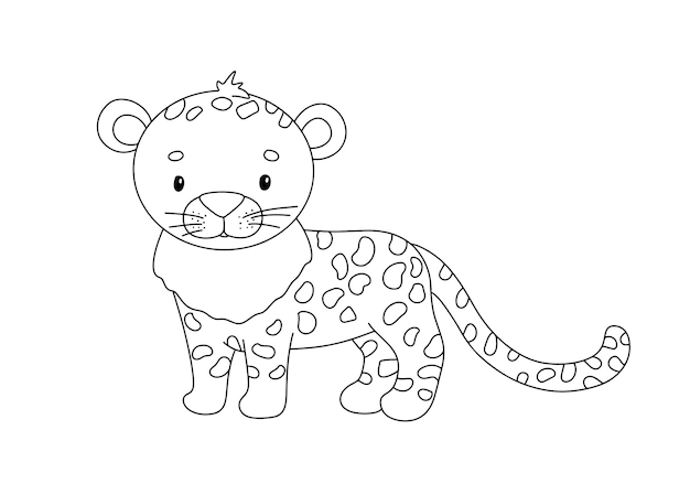 Vector cute cheetah in line style drawing african baby wild cat isolated on white background vector sweet outline leopard for childish coloring book jungle animal