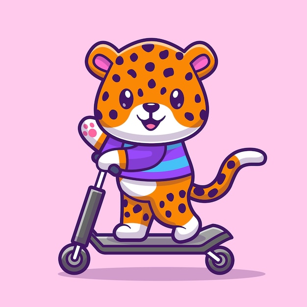 Cute Cheetah Tiger Riding Scooter Electric Cartoon Vector Icon Illustration Animal Transportation