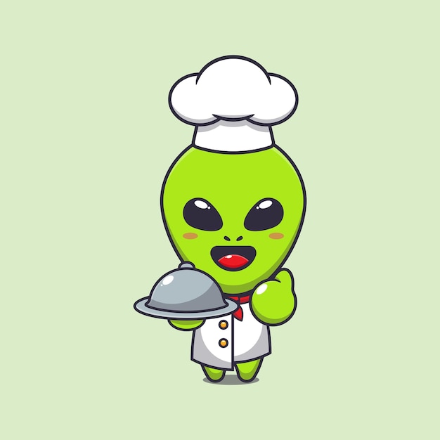 접시 만화 벡터 일러스트와 함께 귀여운 요리사 외계인입니다.