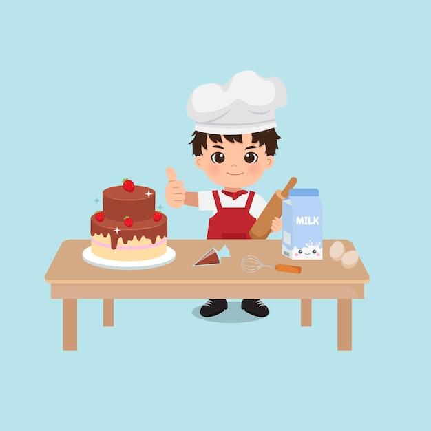 Vector cute chef boy baking a cake