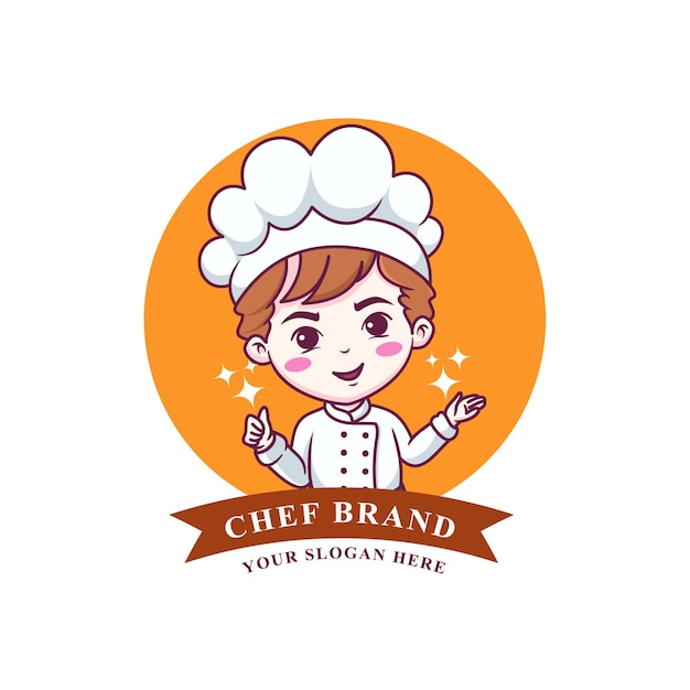 Ragazzo carino chef cucina sorridente fumetto arte illustrazione logo