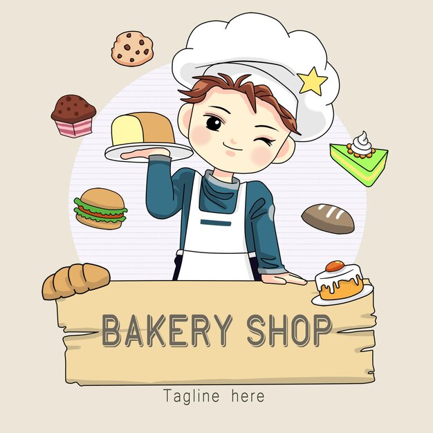 ロゴ ベーカリー ショップのパンを保持しているかわいいシェフの少年