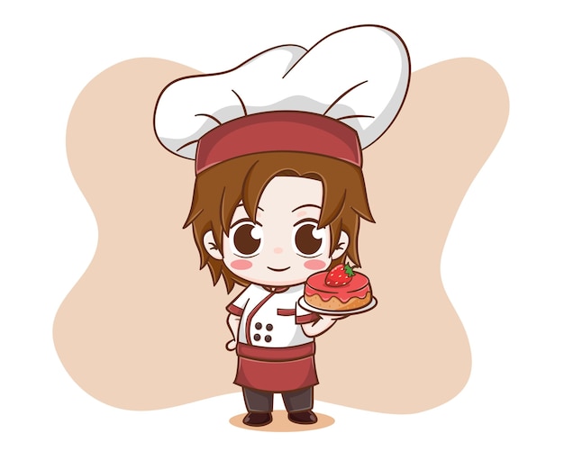 Cute chef boy holding strawberry cake cartoon illustration