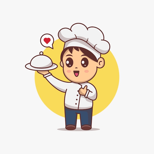 Милый мальчик шеф-повар обслуживание еды векторные иллюстрации. каваи мультипликационный персонаж. талисман или логотип для концепции ресторана