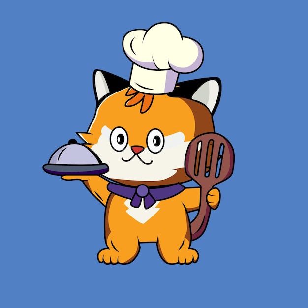 Cute Chef Cat Cartoon Sticker vector Illustration