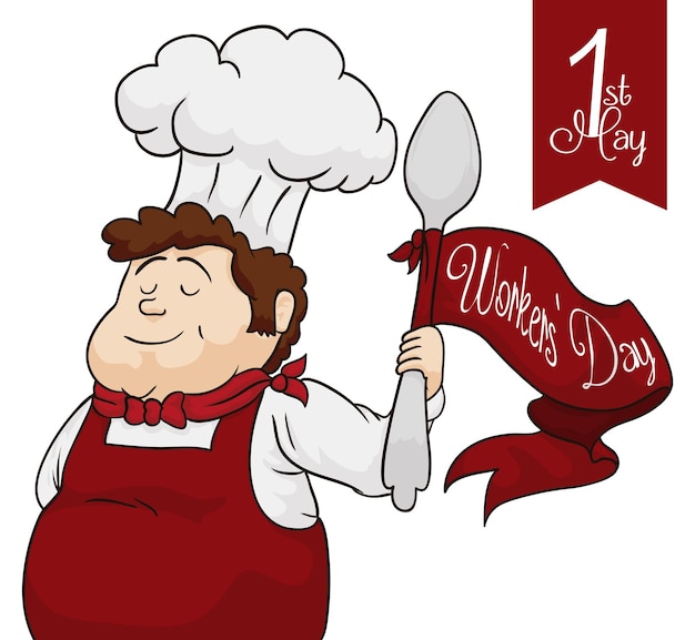 Cute chef celebrating Workers' Day with his big spoon in high with red ribbon around it