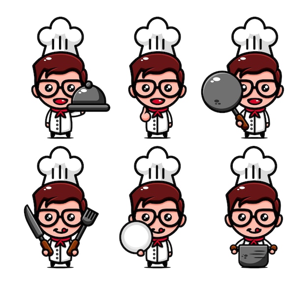 Cute chef character design set with cooking equipment