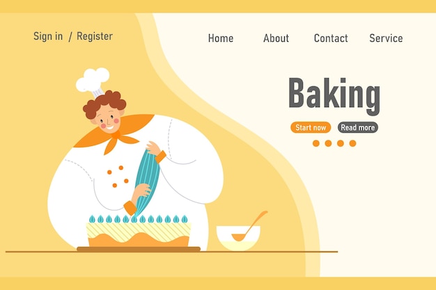 Cute chef confectioner is preparing a cake and baking text banner website concept illustration