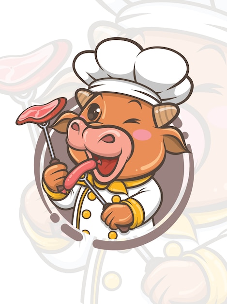 Carino chef mucca personaggio dei fumetti tenendo la griglia salsiccia e bistecca - mascotte e illustrazione