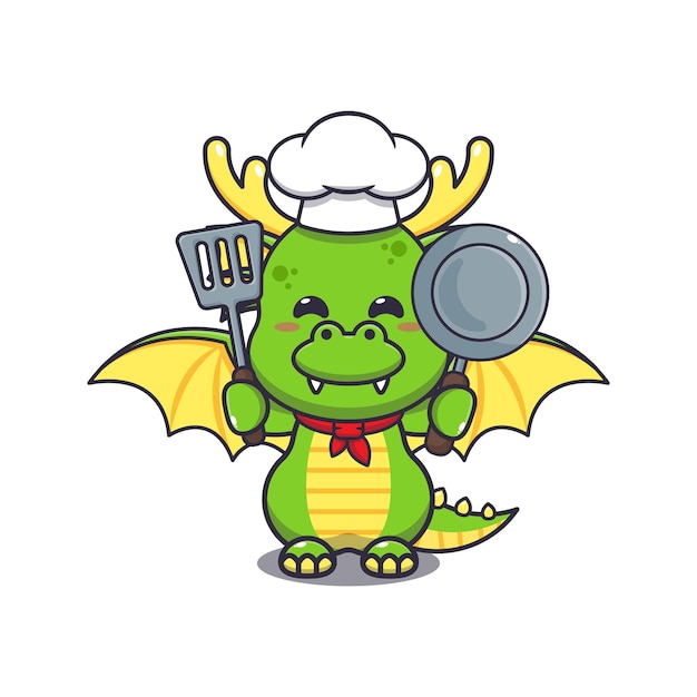 Cute chef dragon mascot cartoon character.