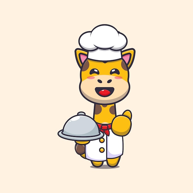 Cute chef giraffe mascot cartoon character with dish.