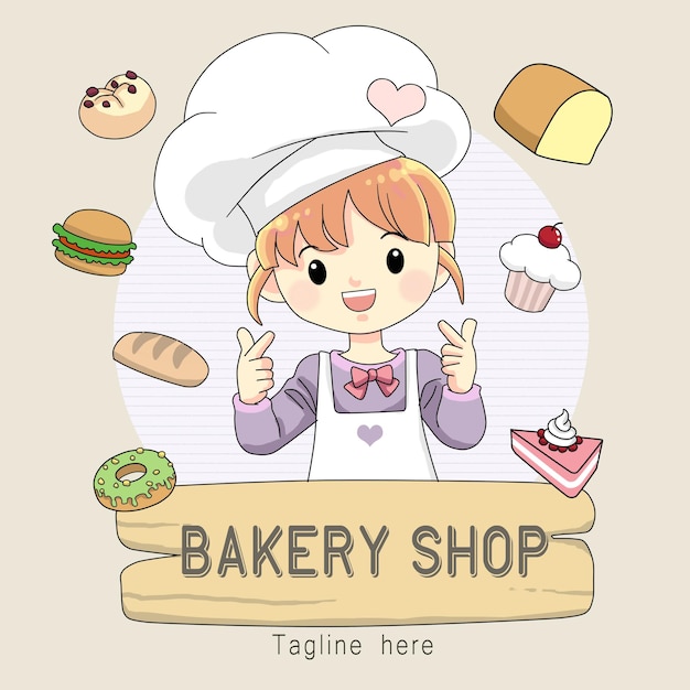 Cute chef girl bakery shop logo cartoon illustration