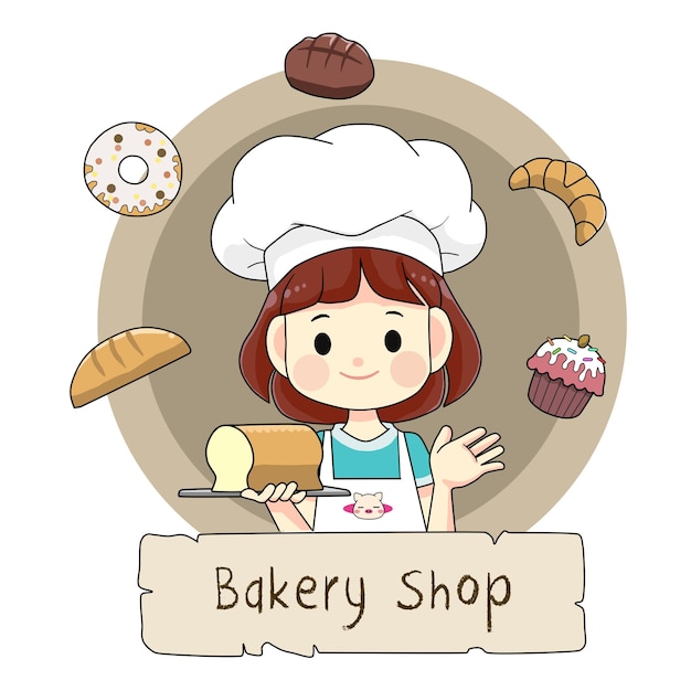 かわいいシェフの女の子のパン屋の店のロゴの漫画