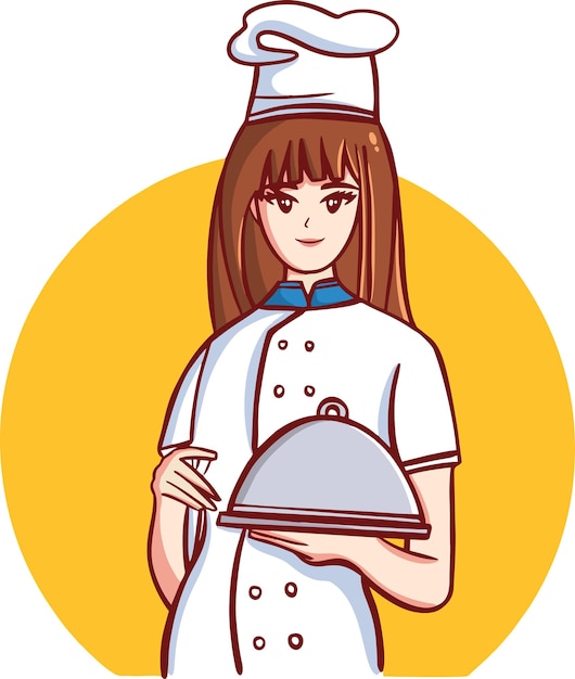 Cute chef girl, female smiling in uniform mascots cartoon art handdrawn illustration