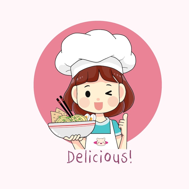 Cute chef girl holding bowl of noodles cartoon illustration