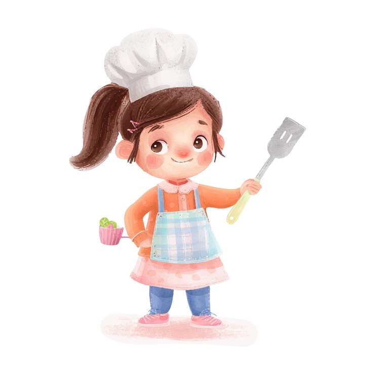 Vector cute chef girl holding spatula white background 17