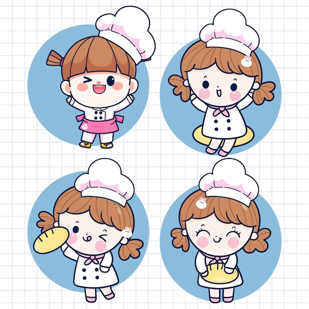 Cute chef girl set Vector illustration on a notebook page