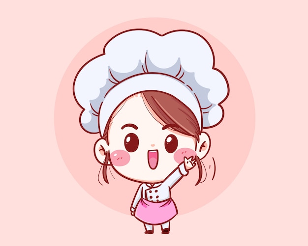 cute chef girl smiling cartoon art illustration.