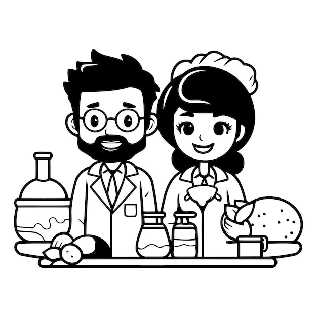 Vector cute chef and his assistant in the kitchen vector illustration