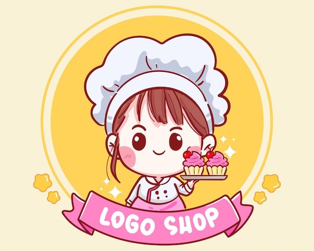 Cute chef holding cherry cupcakes for shop logo