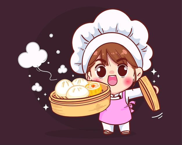 Cute chef holding chinese dumplings dim sum in a bamboo steamer cartoon illustration