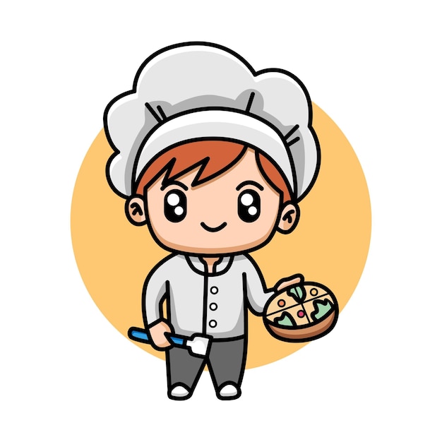 Cute chef holding a pizza cartoon