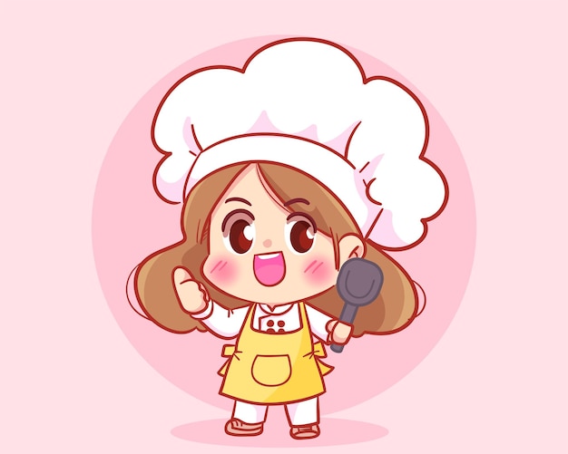 Симпатичный шеф-повар держит лопатку для приготовления пищи с логотипом мультфильм рисованной иллюстрации шаржа