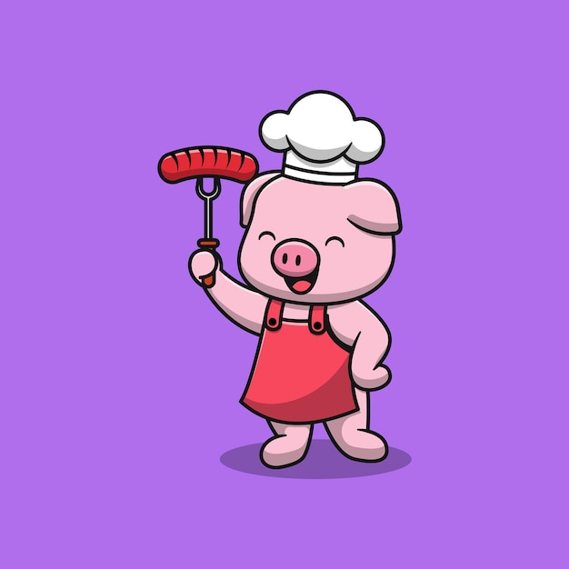 Vettore illustrazione di cartone animato maiale chef carino