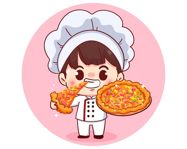 Cute chef and pizza illustration cartoon character illustration