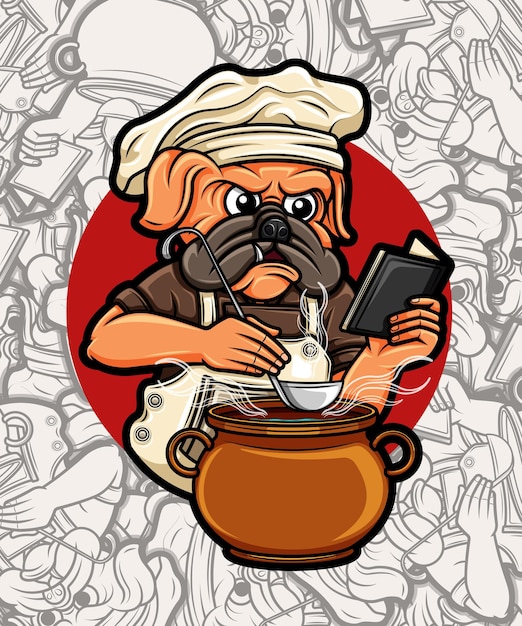 Vettore cute chef pug dog con calderone e ricettario illustrazione