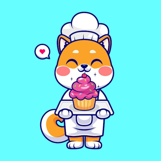 Cute chef shiba inu dog cooking cake cartoon icona vettore illustrazione. icona di cibo animale isolato