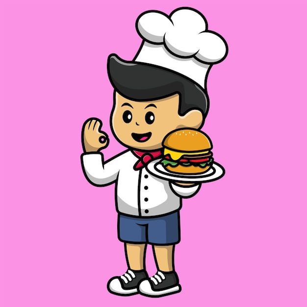 Cute chef with burger cartoon vector icon illustration